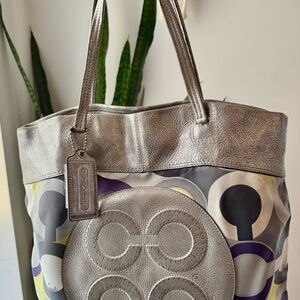 Coach Metallic Silver and Multicolor Leather and Silk Tote